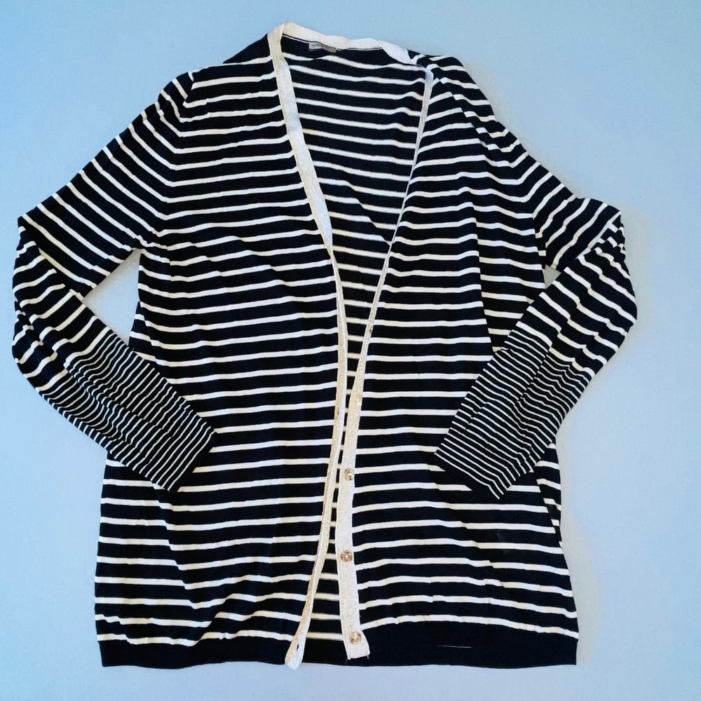 MALIPARMI Striped Button Cardigan Sweater Womens XL Black Cream Metallic Trim